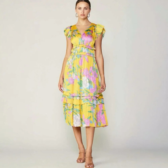 Current Air Seria Midi Dress Marigold V-neck Pleated Floral Flutter Sleeve Sz S - Picture 1 of 4